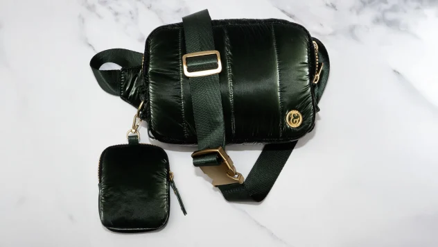 Joan & David Metallic Tubular Quilted Nylon Passport Sling Bag