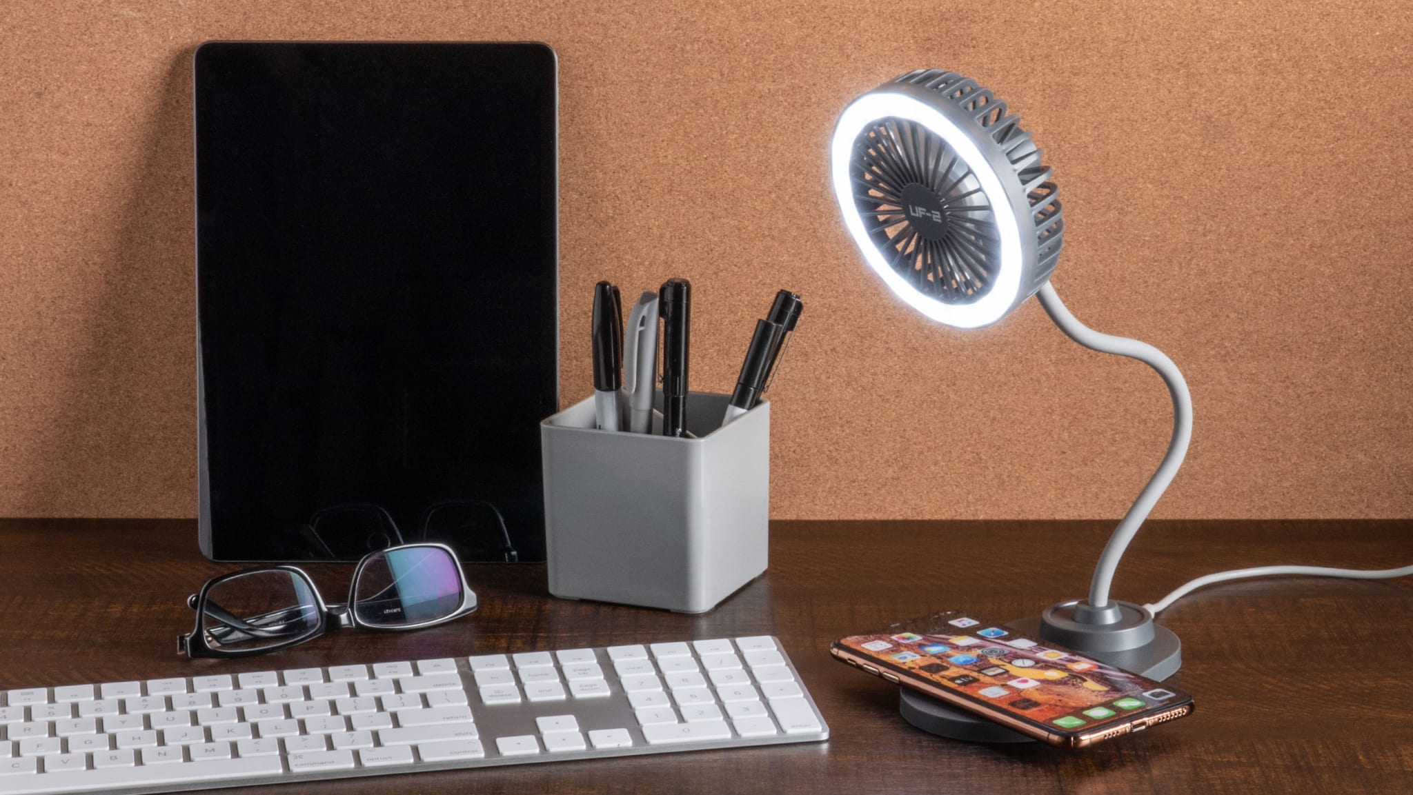 Veho UF2 3-in-1 Desktop Station with Wireless Charger, Fan & LED Light