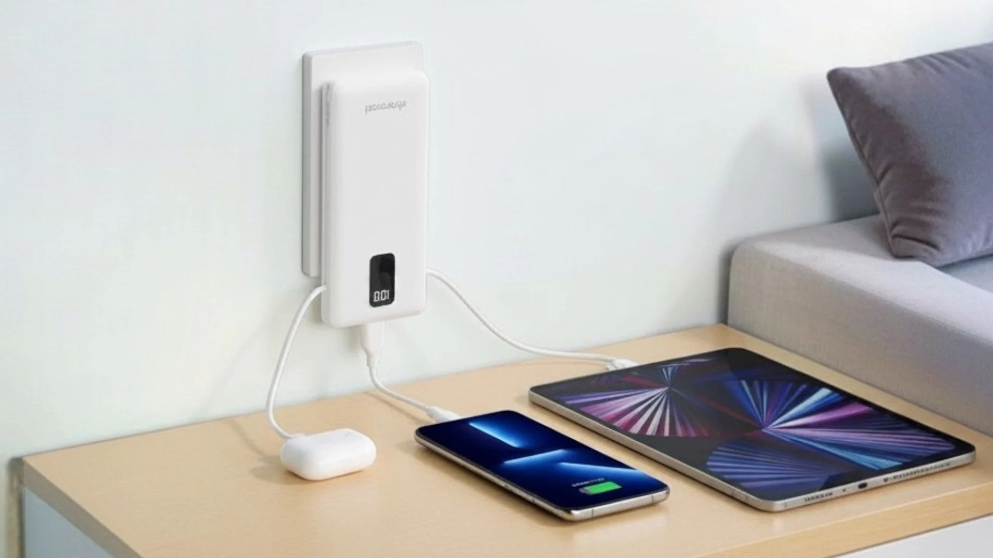 Charmast Batería Portátil de 10,000 mAh con Cables Integrados y Enchufe de Pared