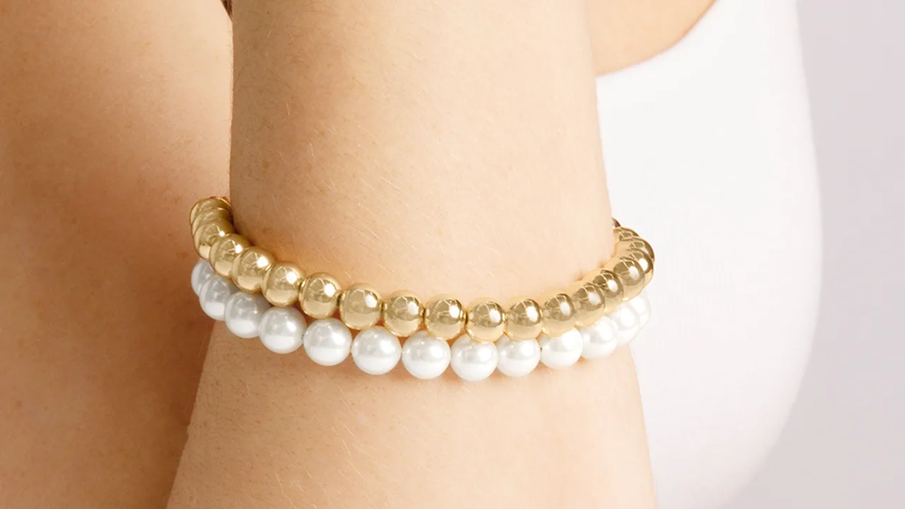 Martha Stewart Two Strand Pearl and Gold Ball 7" Bracelet