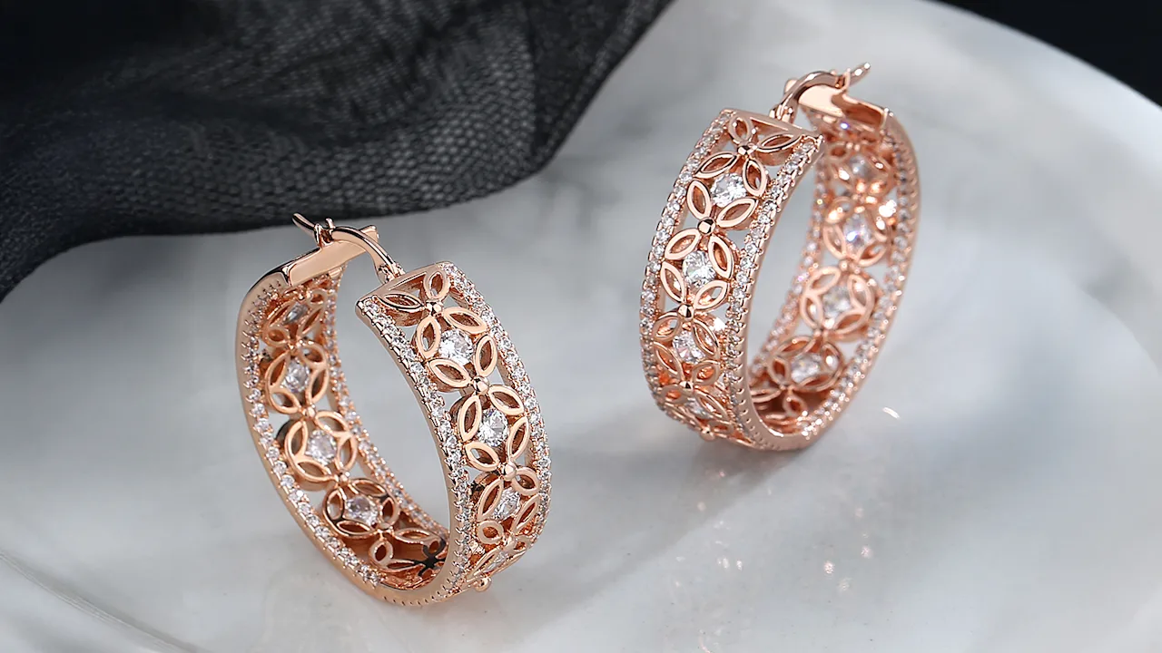 Rose And Lilly 14K Gold Plated Filigree Flower Crystal Hoop Earrings