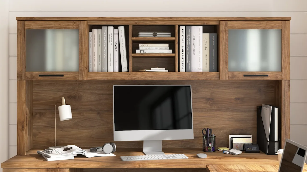 Bush Home Somerset 72W L Shaped Desk with Hutch in Fresh Walnut