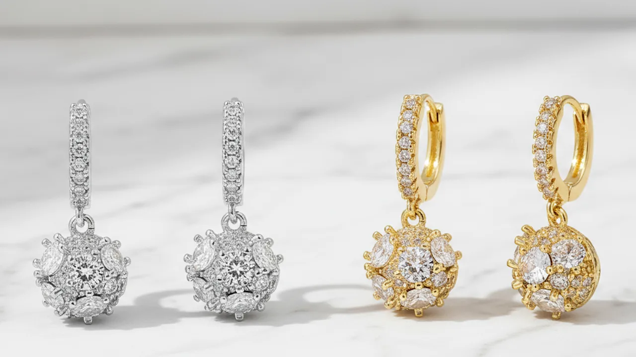 Steeltime Simulated Diamond Fire Ball Dangle Drop Huggie Hoop Earrings Set