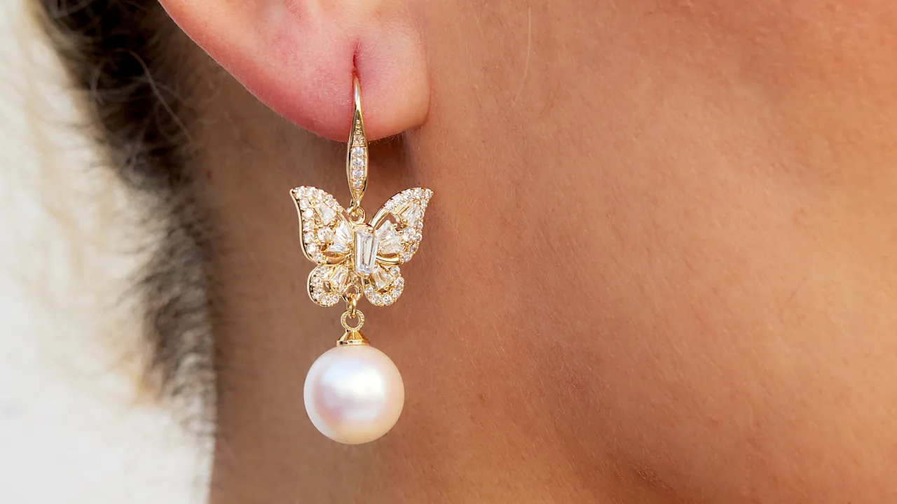 Savvy Cie Butterfly Huggie Drop Earrings with Faux Pearl