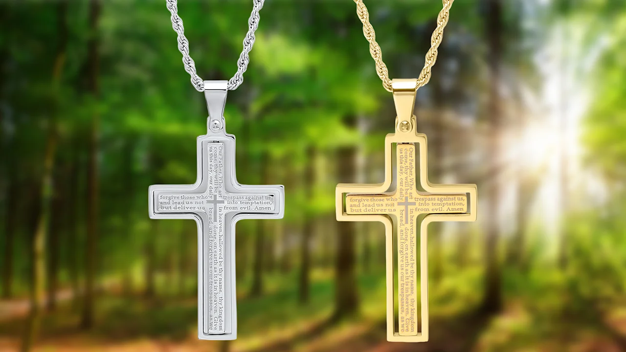Steeltime Set of 2 Men's "Our Father" Prayer Spinner Cross Pendants