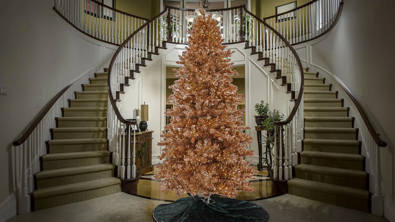 National Tree Company 10' Christmas Rose Gold Hinged Tree with 2720 Warm White