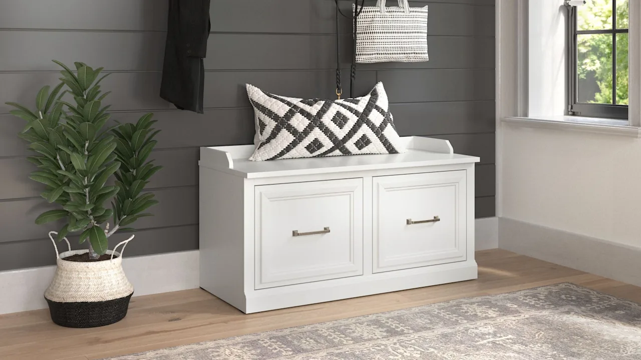 Woodland 40W Shoe Storage Bench with Doors and Wall Mounted Coat Rack