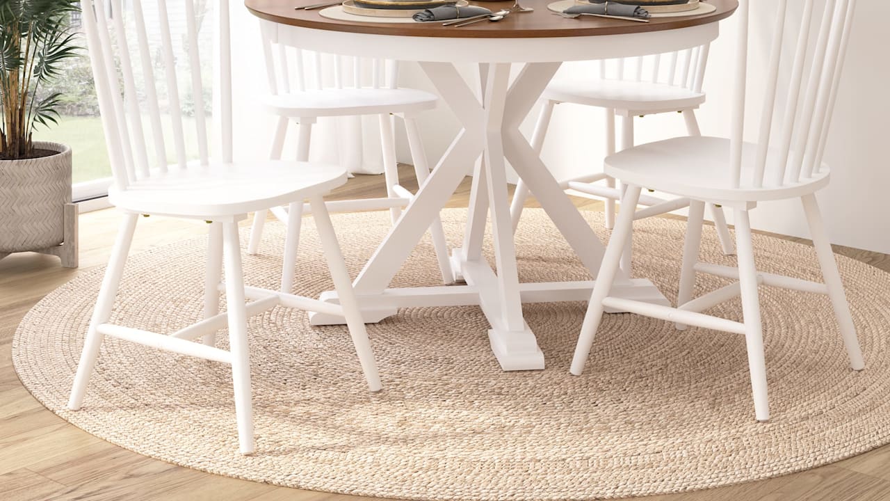 West End 45W Round Trestle Dining Table with 4 High Back Spindle Dining Chairs