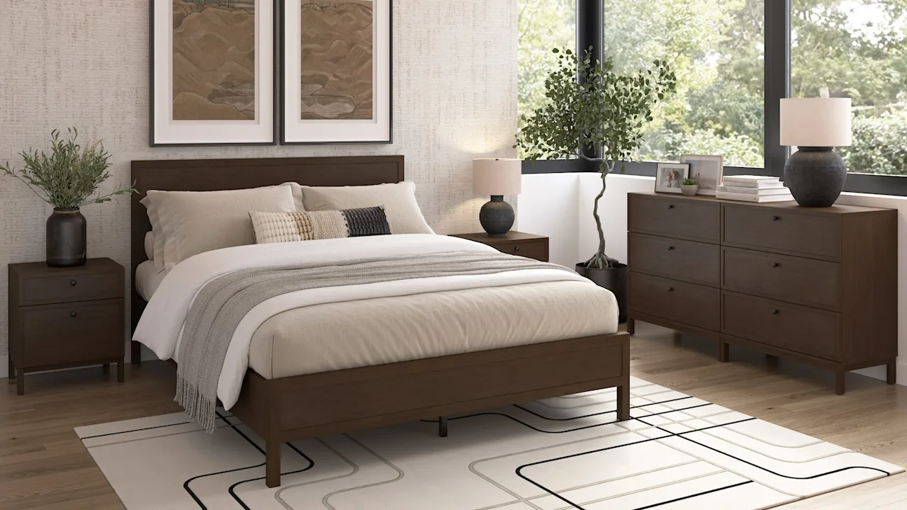 Bush Home Avery Queen Platform Bed with 3 Drawer Dresser and Nightstand Set