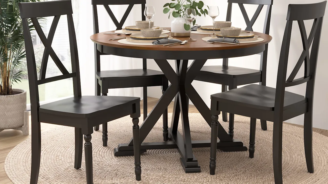 West End 45W Round Trestle Dining Table with 4 Cross Back Dining Chairs