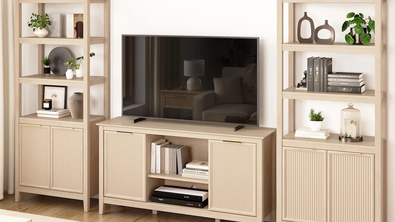 Camille Fluted TV Stand with Set of 2 Bookcases with Doors