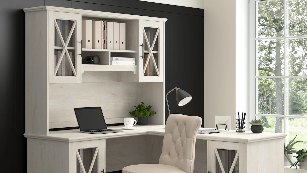 Lennox 60W Farmhouse L Shaped Desk with Hutch and Storage Cabinets