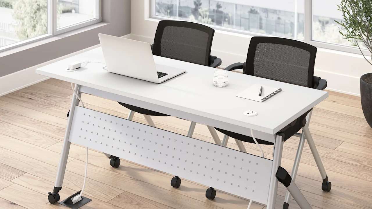 Envision 60W Training Table with Powered Grommets and 2 Chairs with Arms