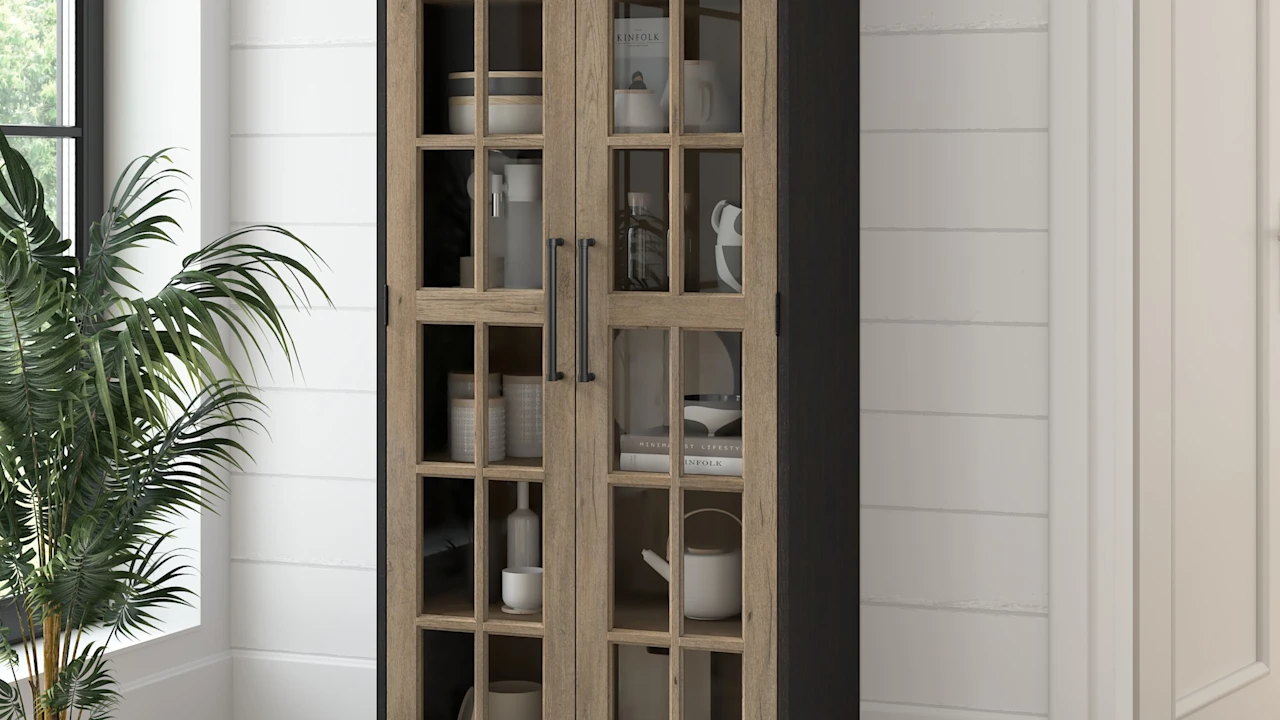 Westbrook Curio Cabinet with Glass Doors in Vintage Black/Restored Tan Hickory