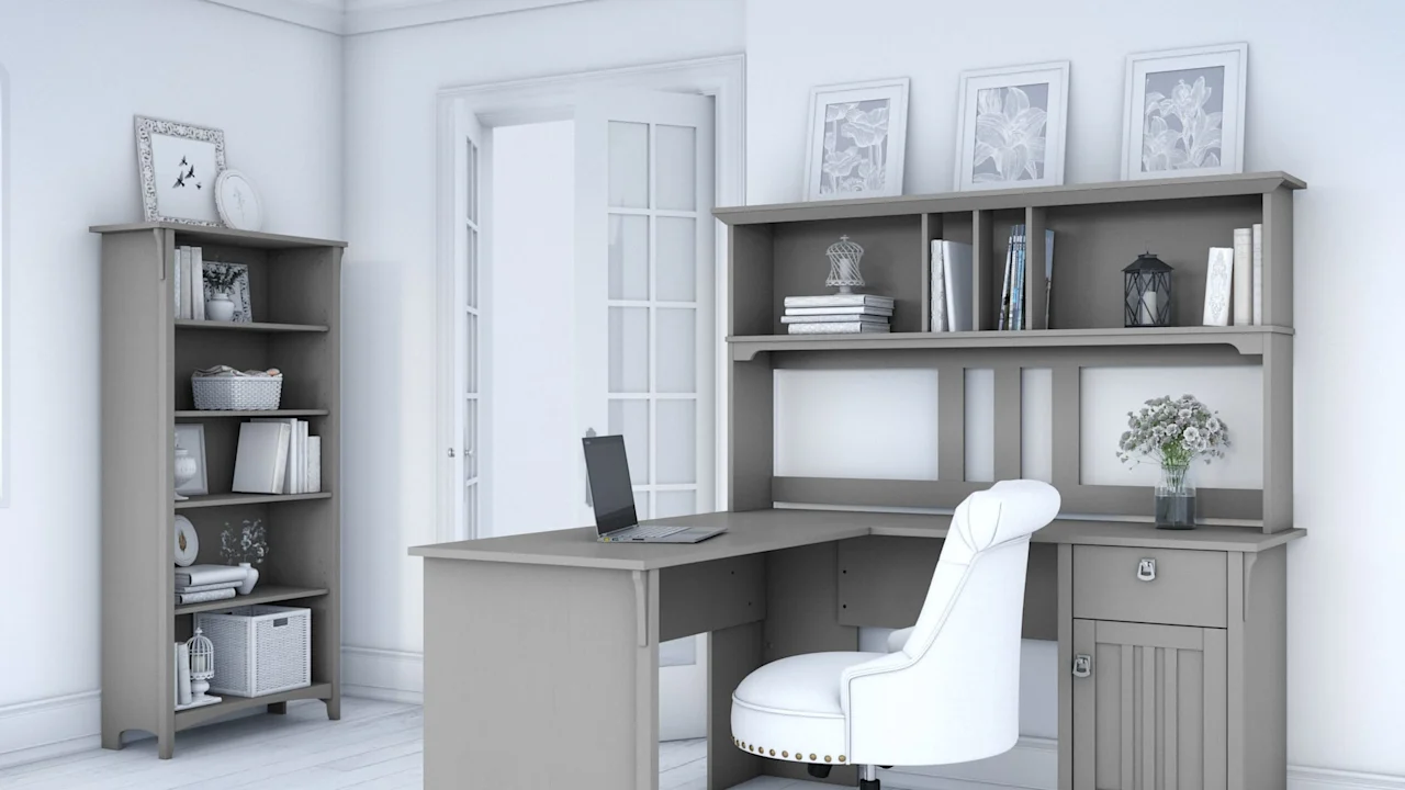 Salinas 60W L Shaped Desk with Hutch and 5 Shelf Bookcase in Cape Cod Gray