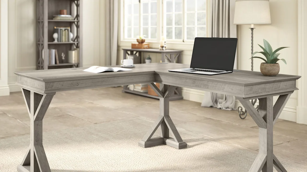 Homestead 60W Farmhouse L Shaped Desk in Driftwood Gray