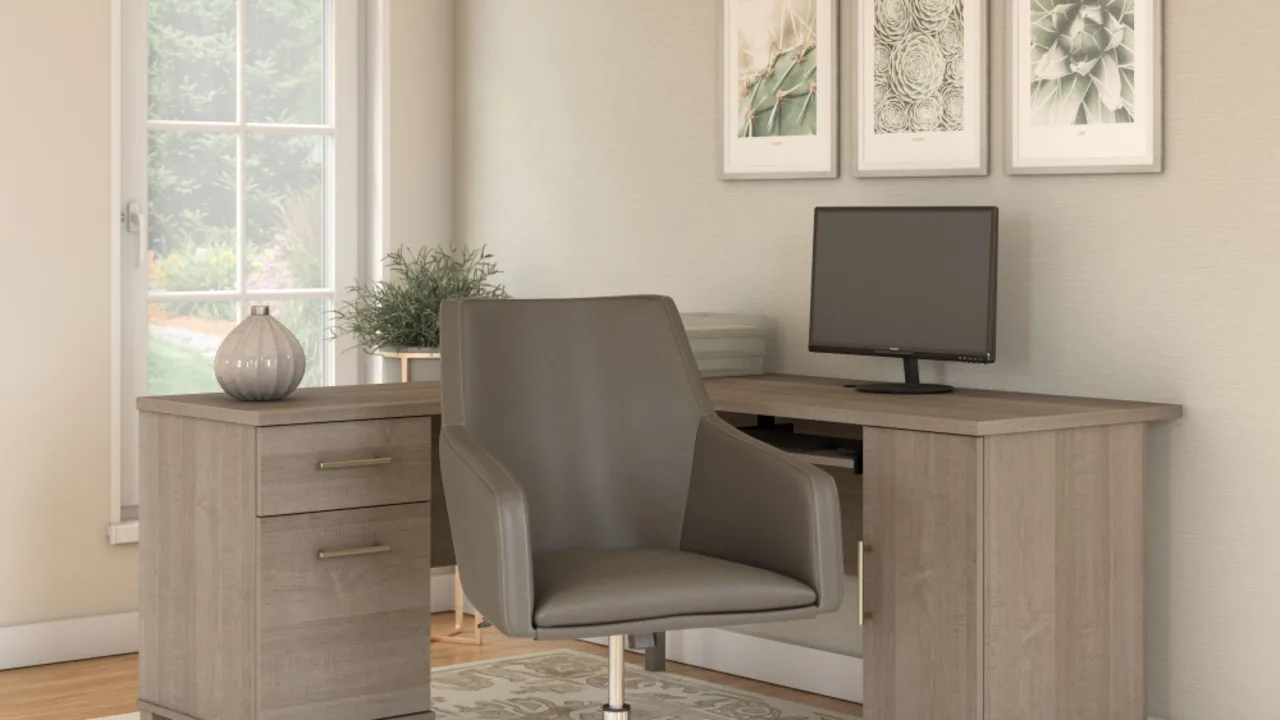 Somerset 60W L Shaped Desk with Mid Back Leather Box Chair in Ash Gray