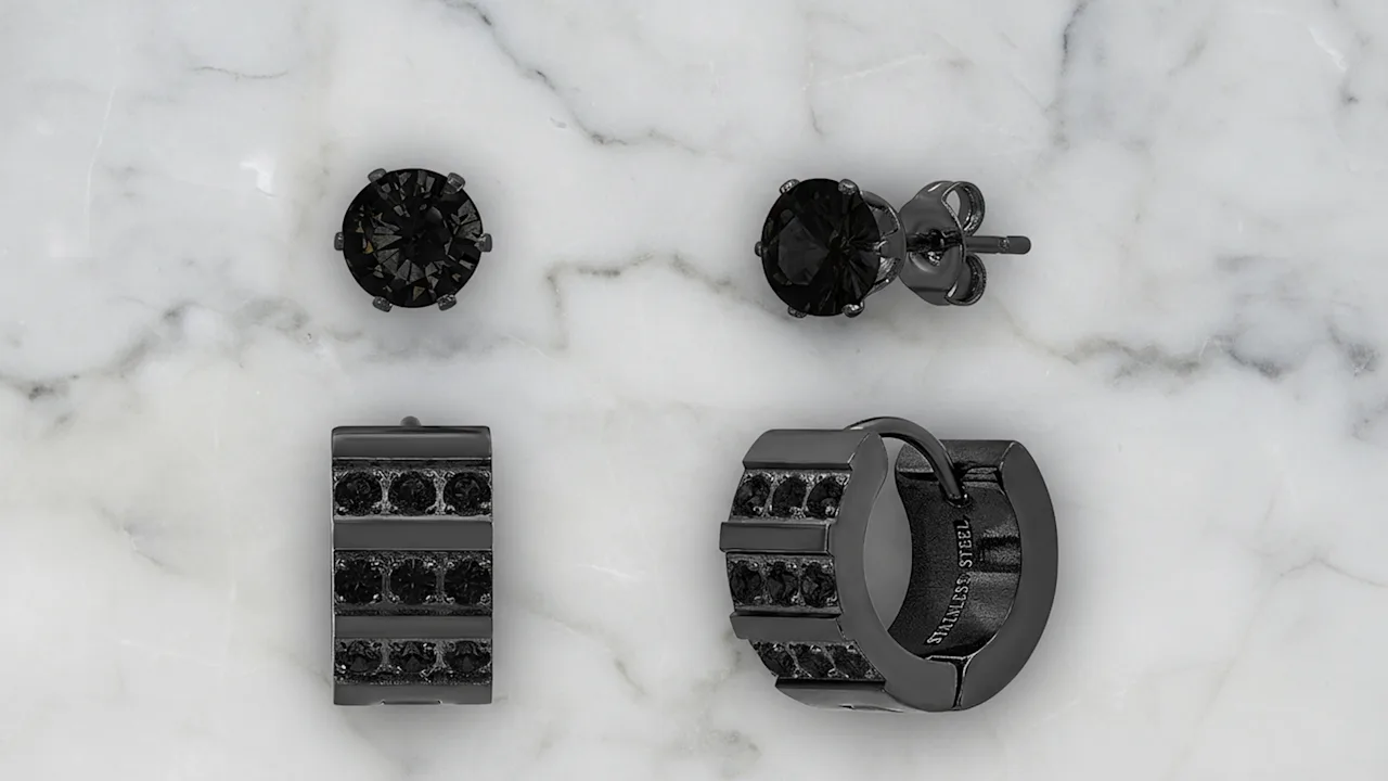 Steeltime Simulated Diamond Studs & Stacked Huggie Hoop Earrings Set