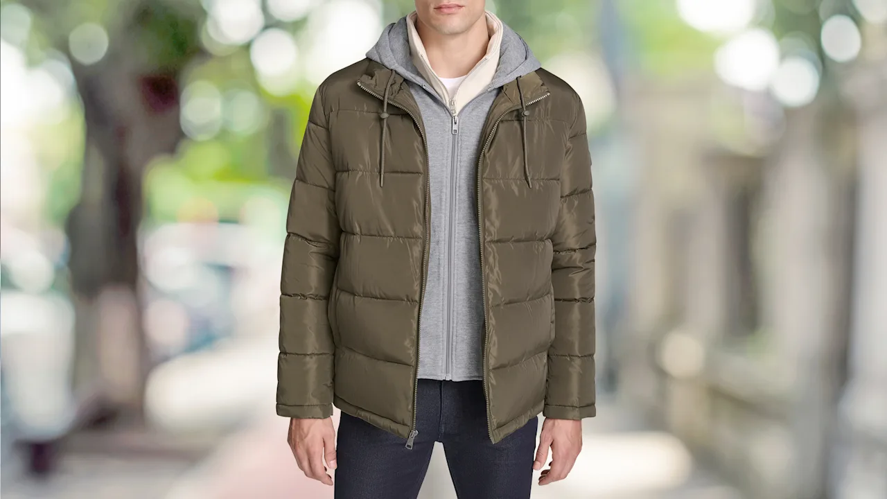 Kenneth Cole New York Men's Hooded Puffer with Inner Jersey Knit Bib