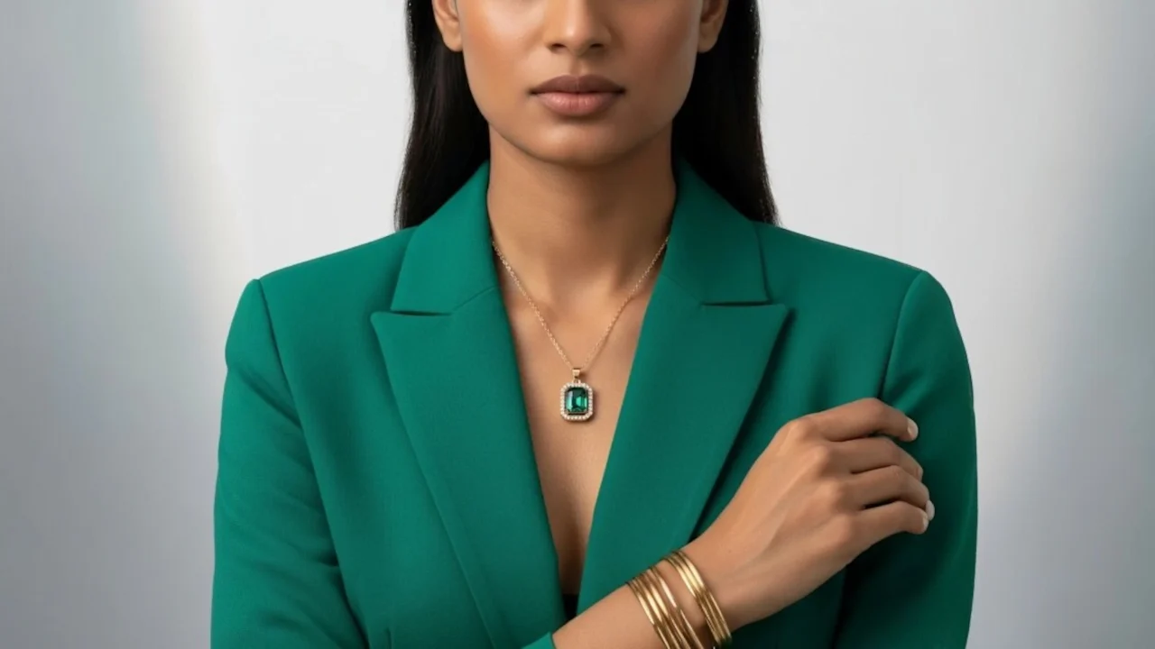 Saffron Emerald Cut Green Crystal Necklace with CZ Halo