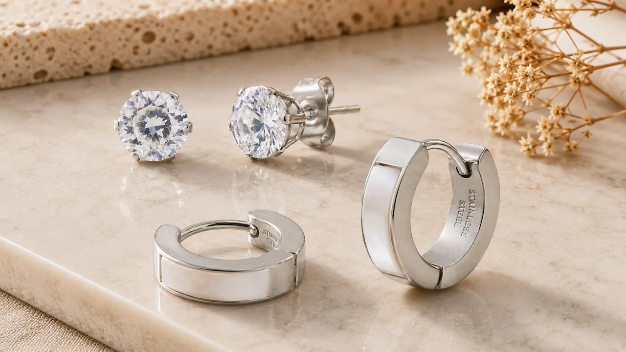 Steeltime Ladies Mother of Pearl & Simulated Diamond 2-Piece Earring Set