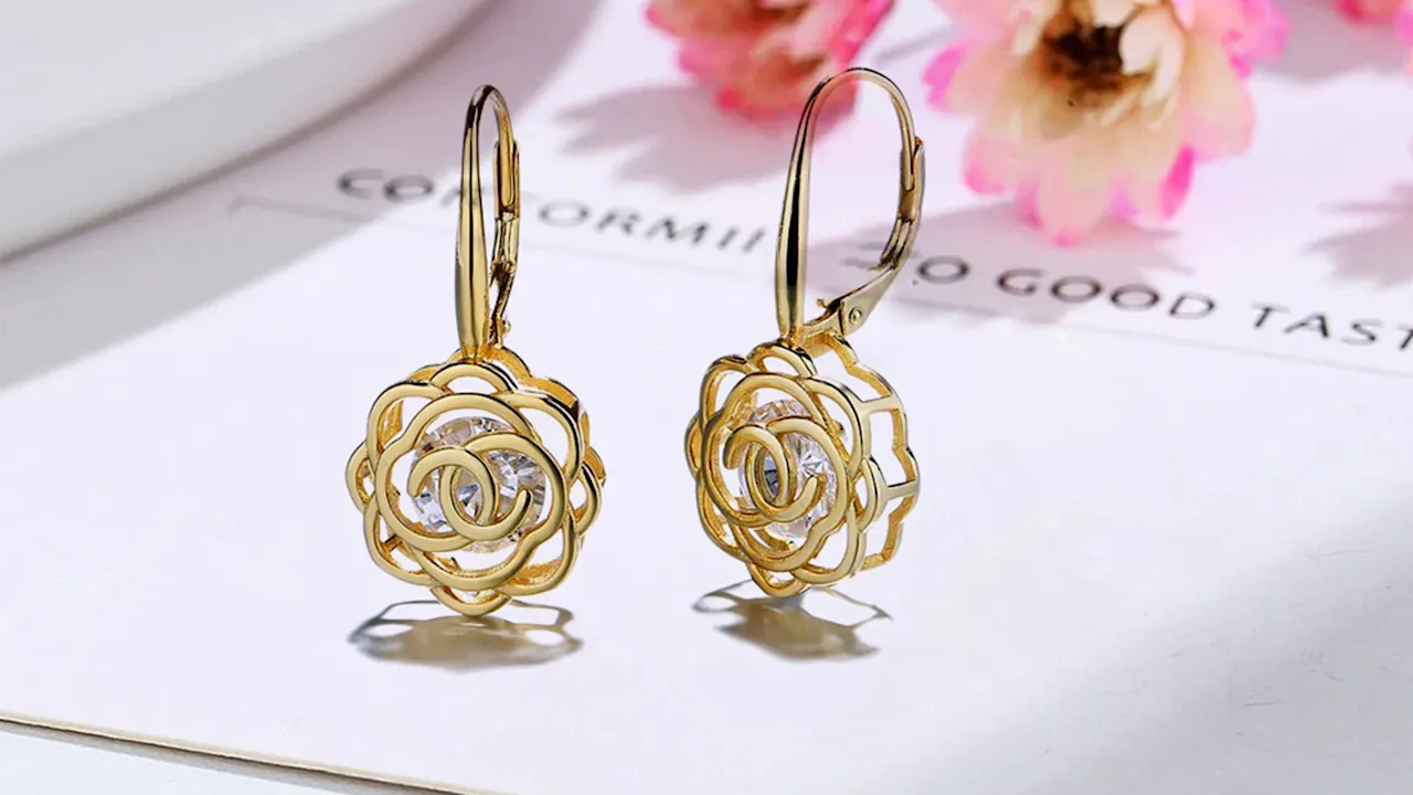 Rose And Lilly 14K Gold Plated Caged Crystal Rose Lever Back Earrings