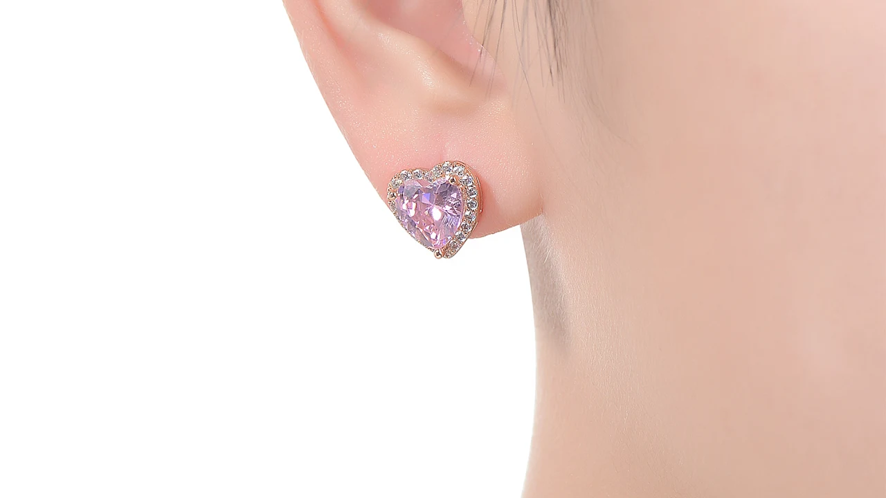 Genevive 18K Rose Gold Plated Simulated Pink Diamond Heart Stud Earrings