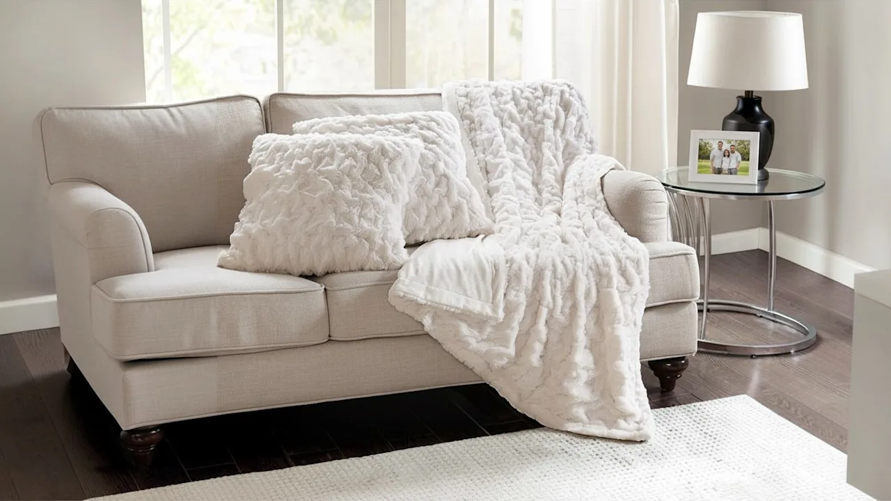 Comfort Spaces Ruched Faux Fur Throw & Pillow Cover Set