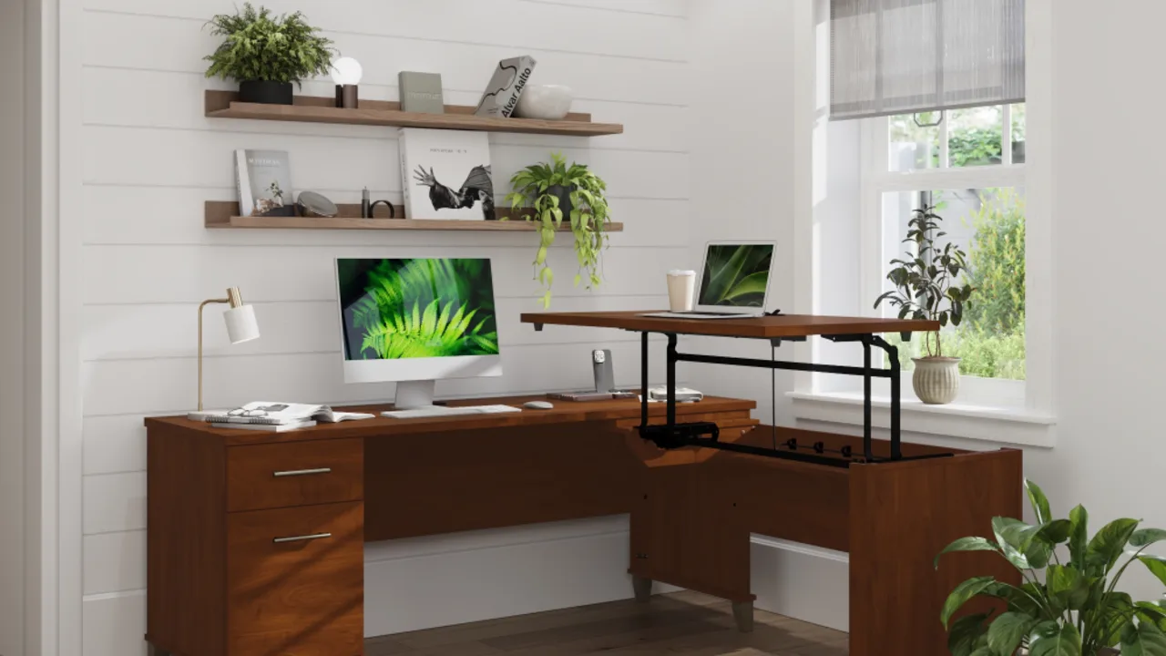 Somerset 72W 3 Position Sit to Stand L Shaped Desk in Mocha Cherry