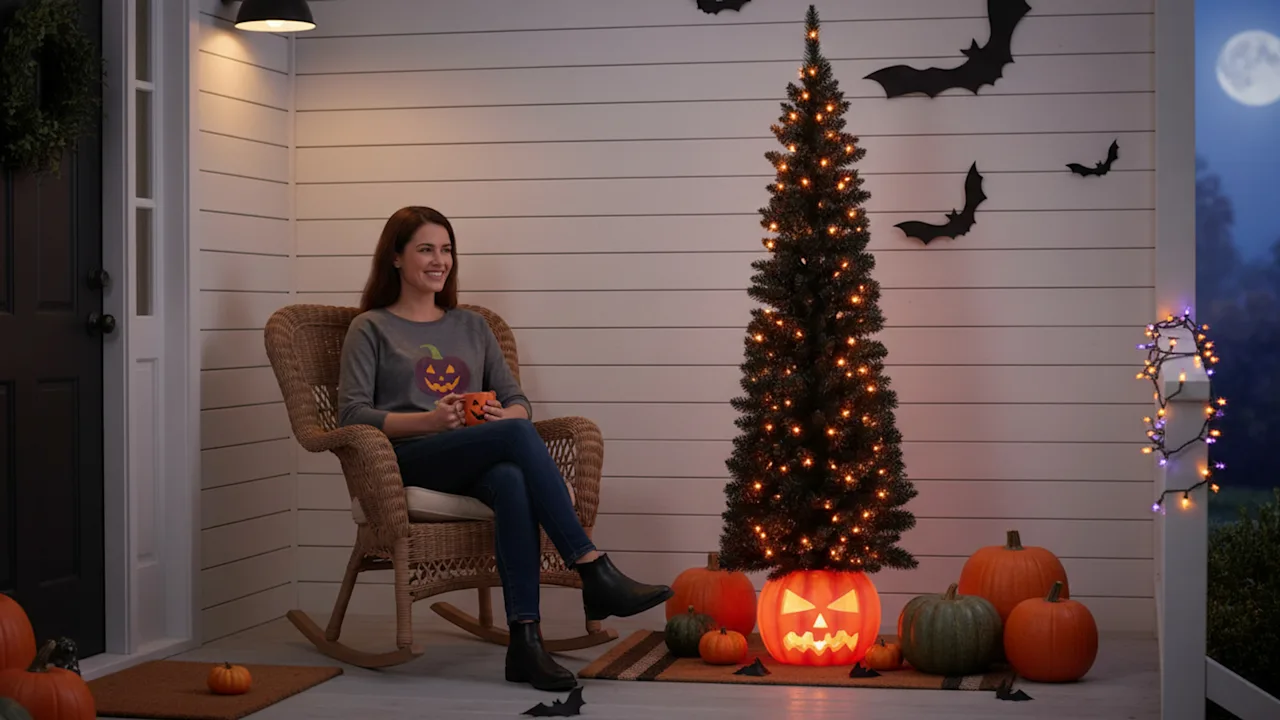 National Tree Company 6' Black Half Tree with Jack-O'-Lantern Base