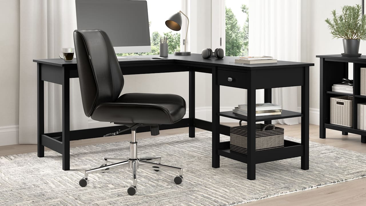 Broadview 60W L Shaped Computer Desk with Storage in Classic Black