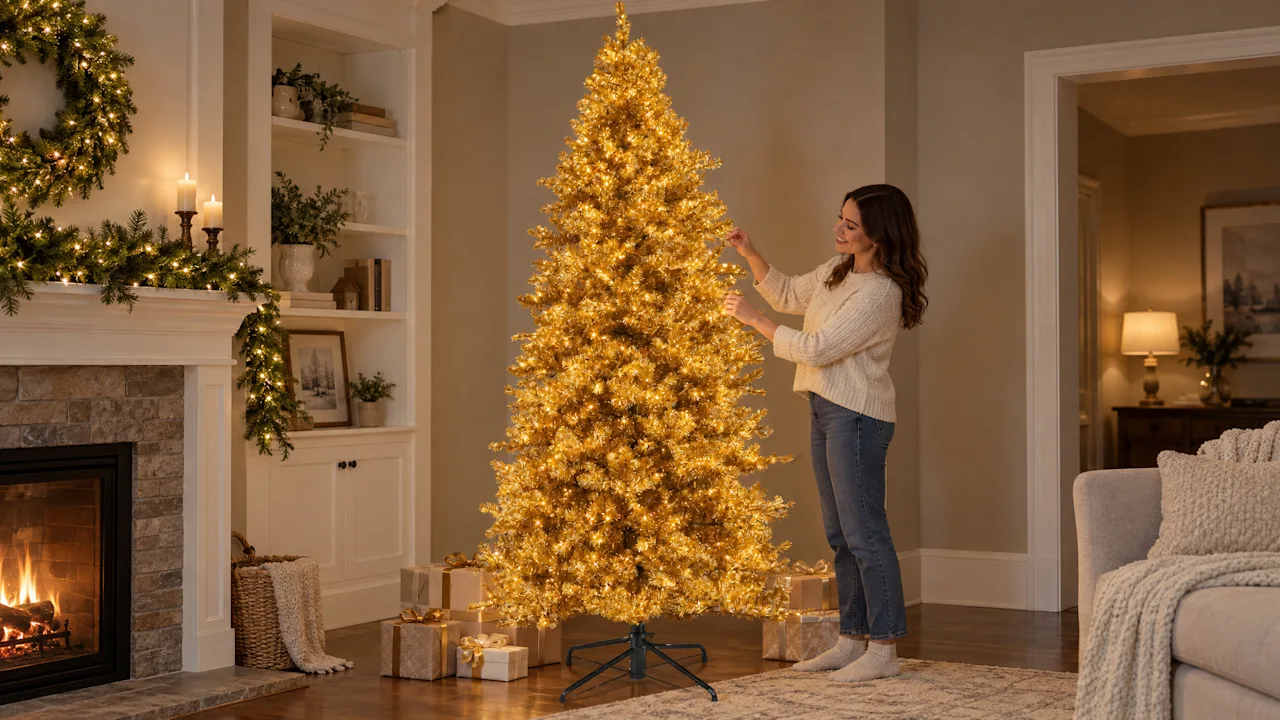 The Golden Christmas Tree Lit in Warm White