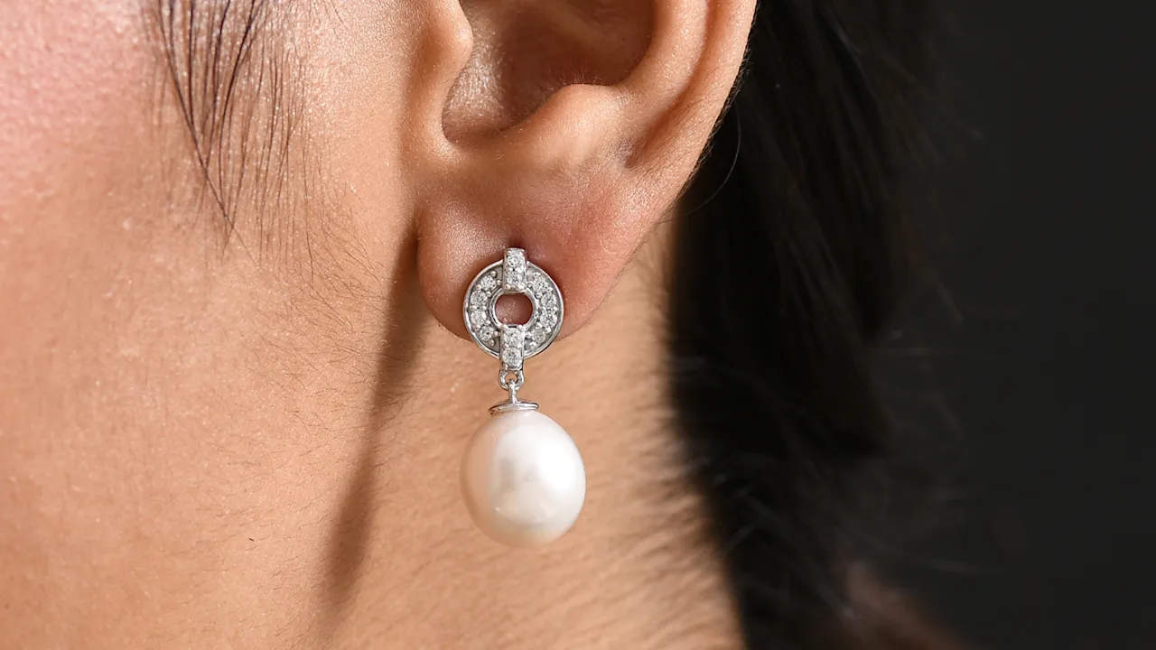 D'Joy Freshwater Pearl & White Zircon Sterling Silver Earrings 0.50ctw