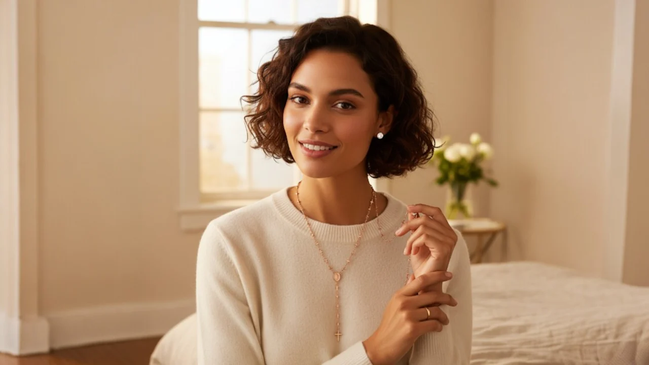Steeltime Cross Rosary Necklace & Simulated Diamond Earrings Set