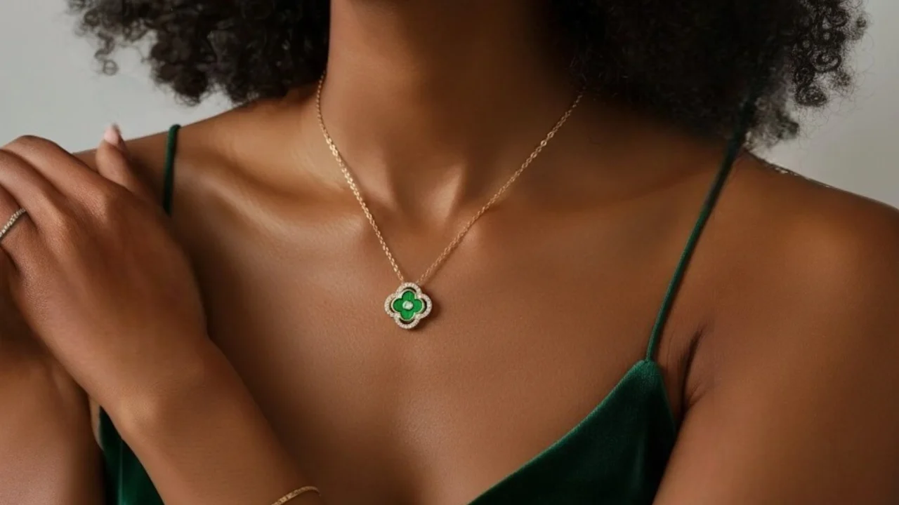 Saffron Clover Pendant Necklace with Full CZ Stone Halo & Accents