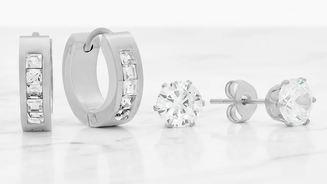 Steeltime Simulated Diamond Studs & Huggie Hoop Earrings