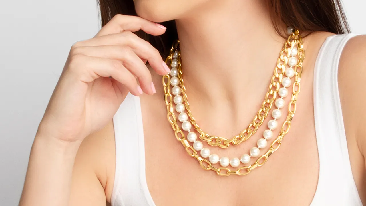 Martha Stewart Three Strand Pearl and Chain Gold Necklace
