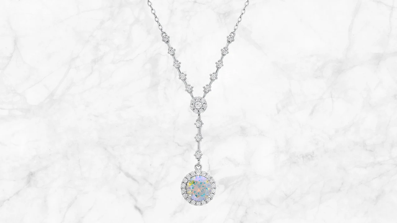 Saffron 13ct Moissanite Rainbow Halo Pendant Necklace Sterling Silver