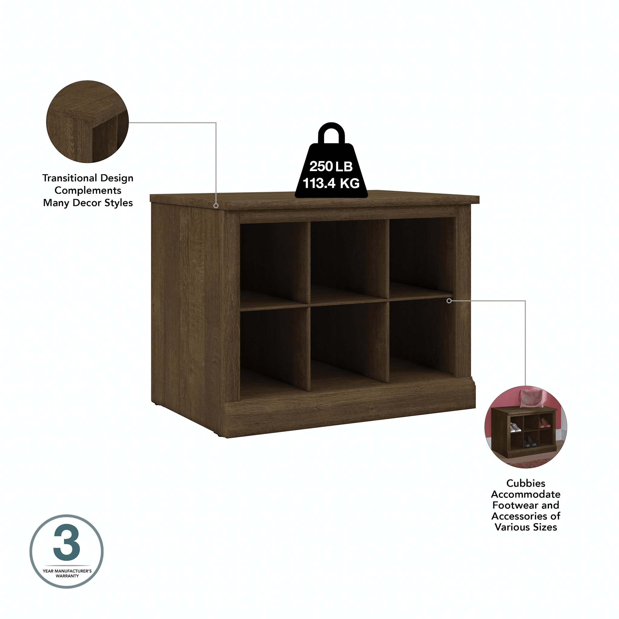 Woodland 24W Small Shoe Bench with Shelves — panel 1