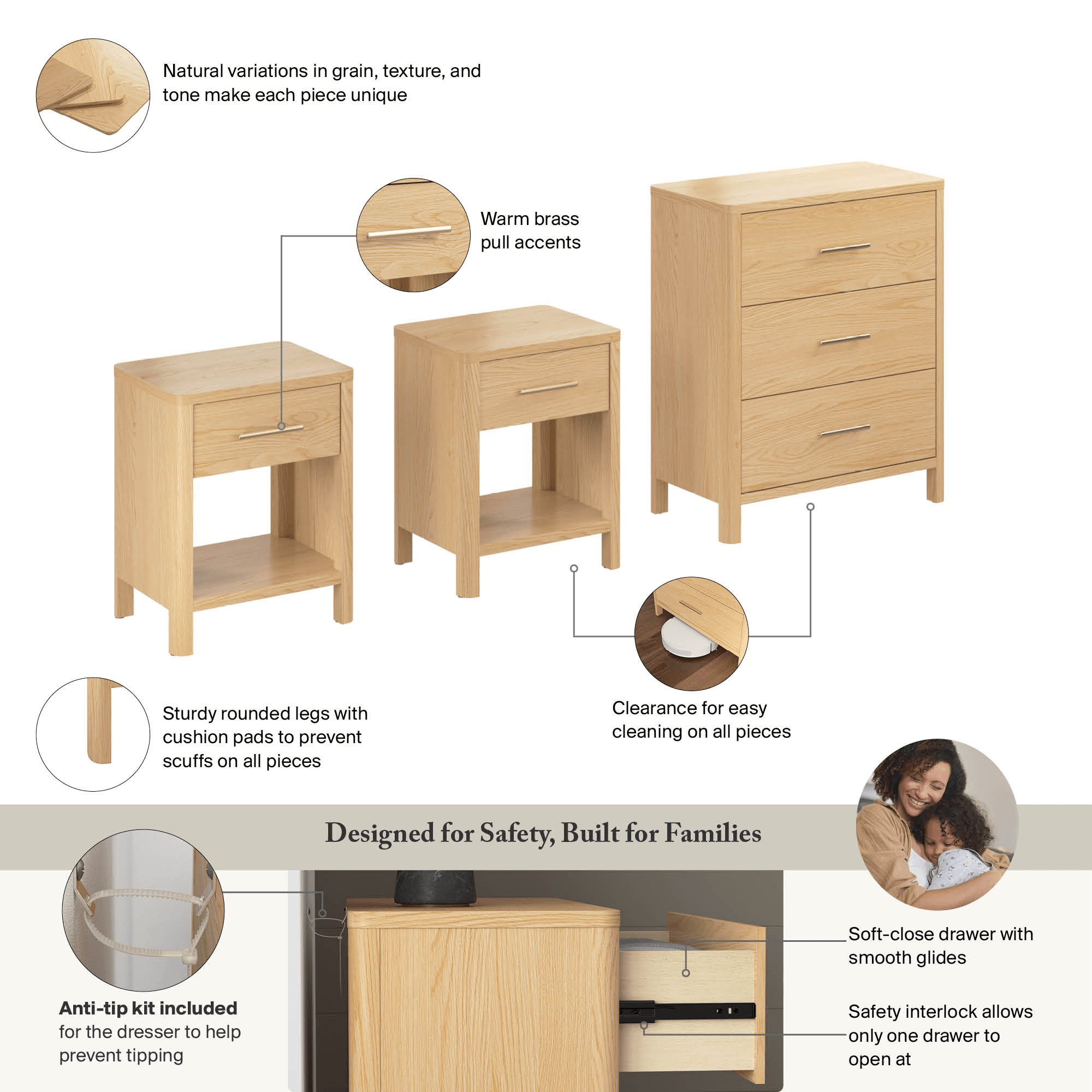 Bush Home Vera 3 Drawer Dresser with Set of 2 Nightstands with Drawer — panel 11