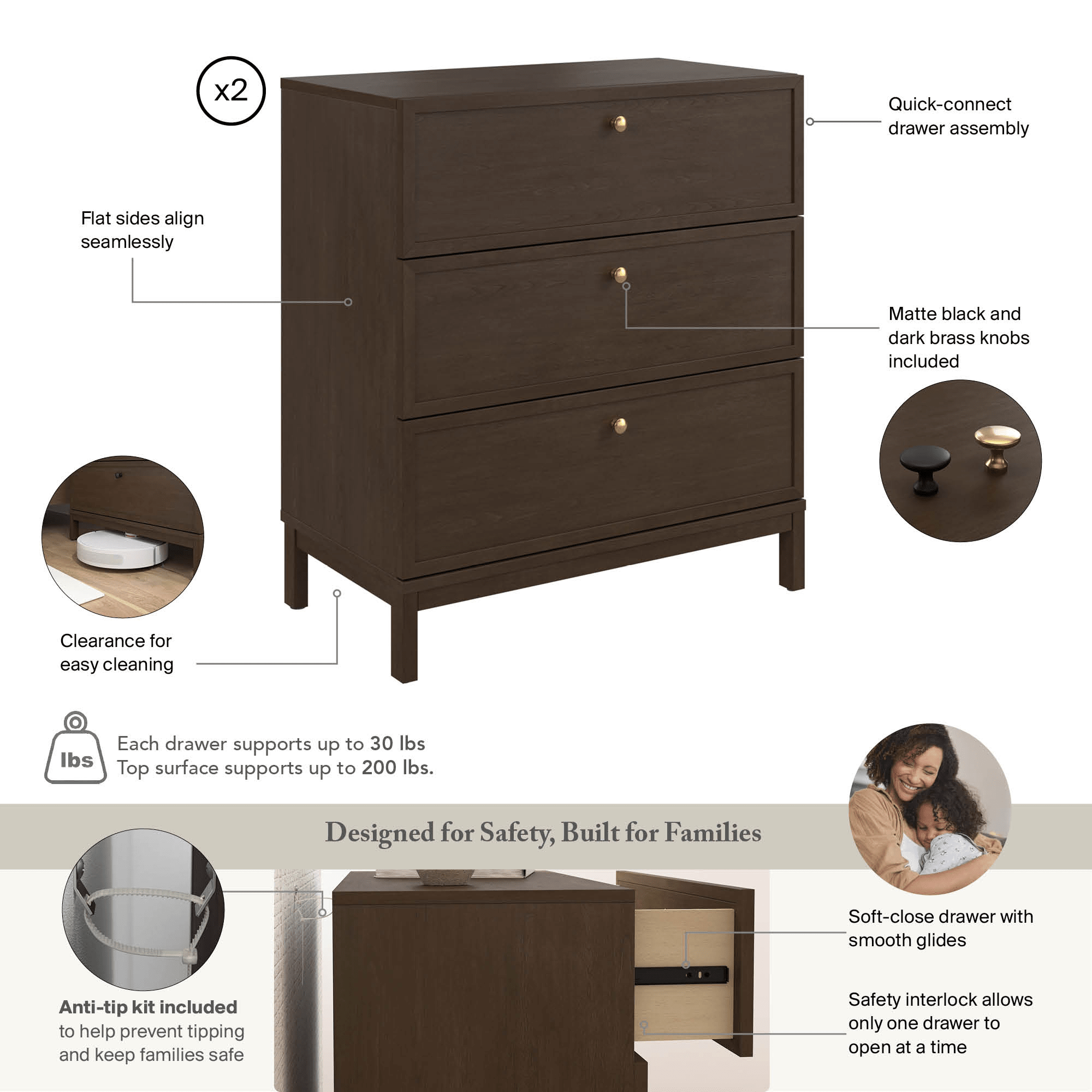 Bush Home Avery 3 Drawer Dressers - Set of 2 — panel 1