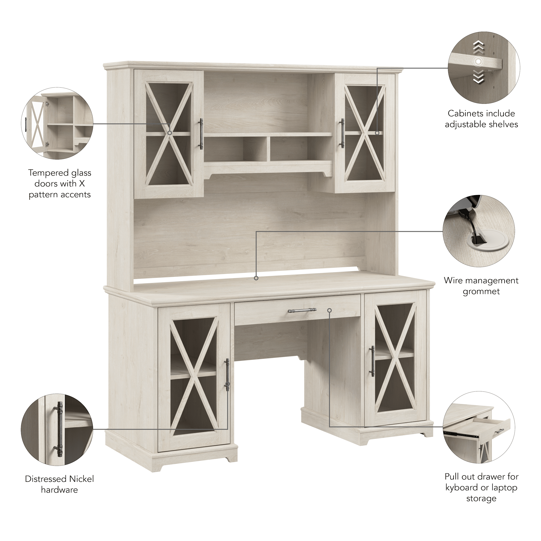 Lennox 60W Farmhouse Desk with Hutch and Keyboard Tray — panel 1