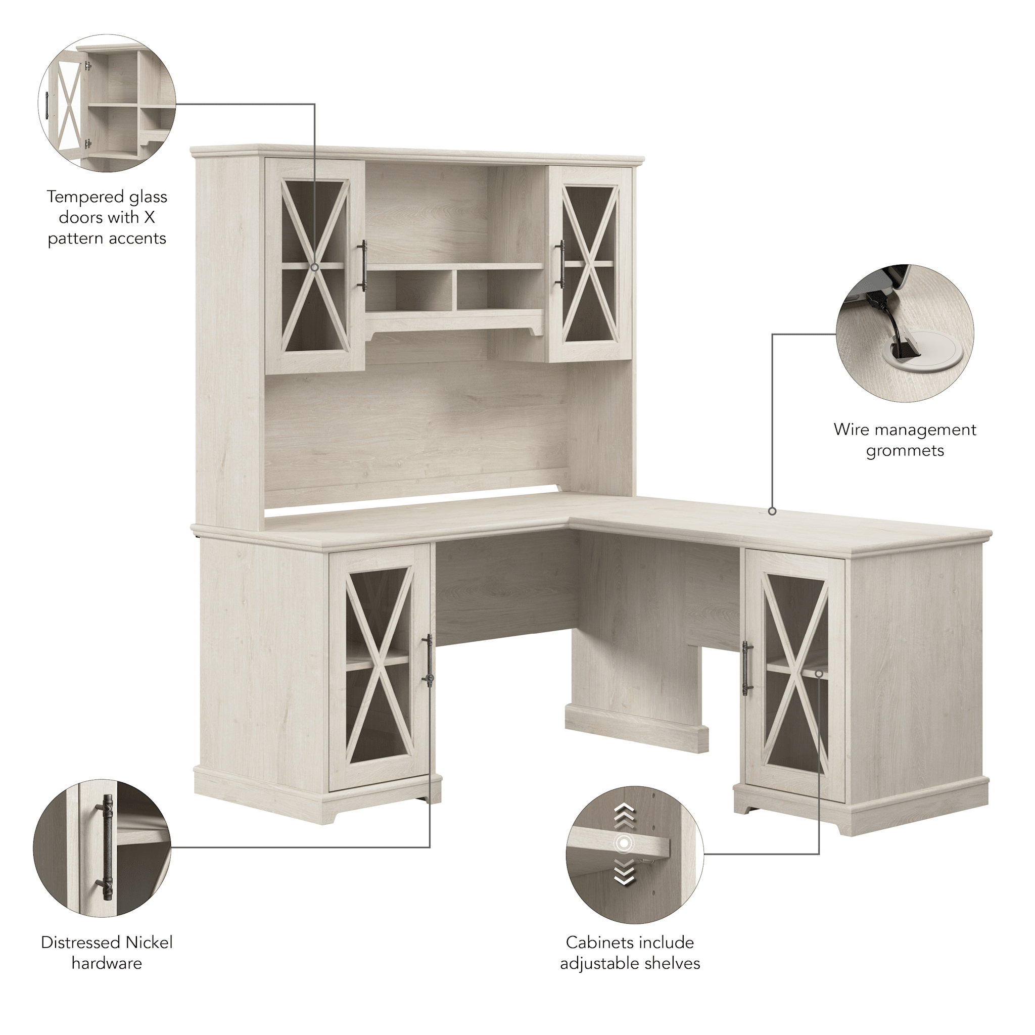 Lennox 60W Farmhouse L Shaped Desk with Hutch and Storage Cabinets — panel 1