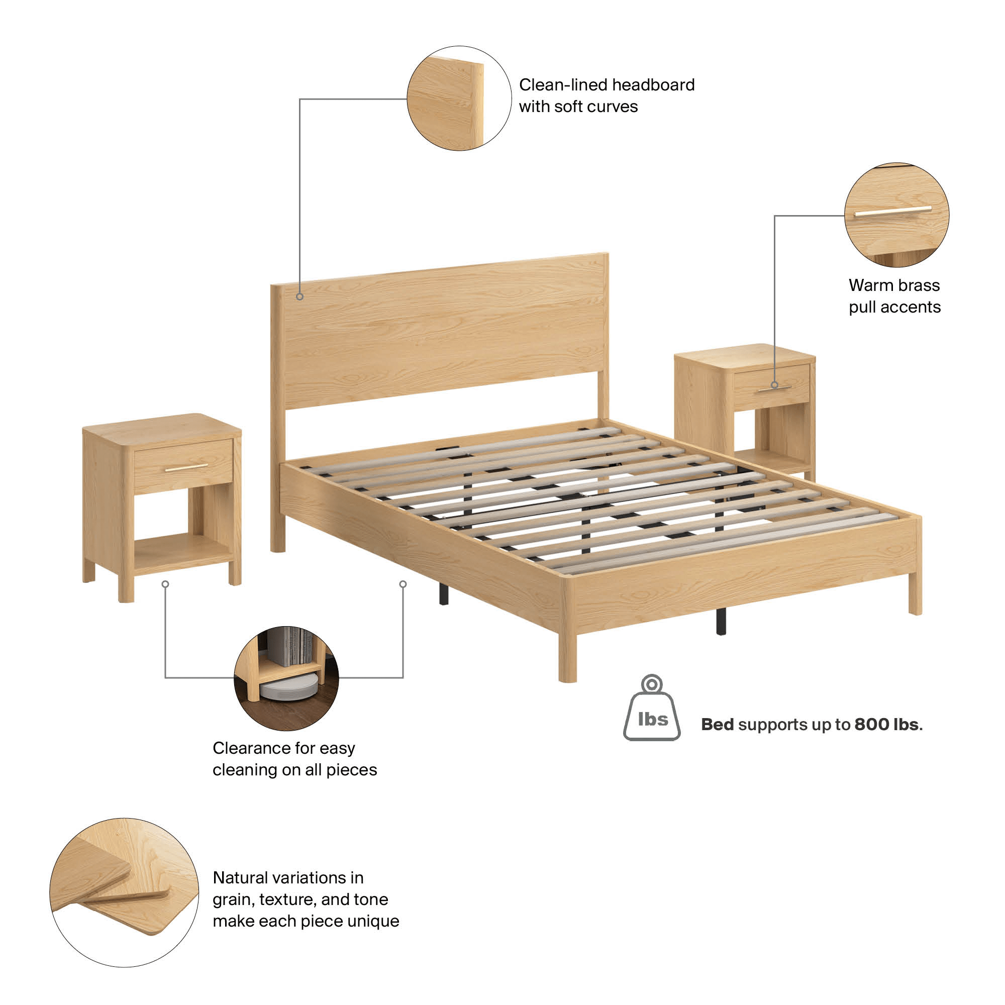 Bush Home Vera Queen Platform Bed with Set of 2 Nightstands with Drawer — panel 11