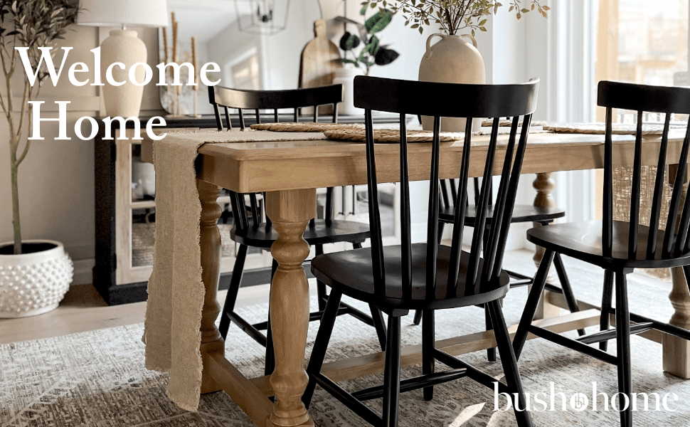 Sterling 67W Squire Trestle Dining Table with 6 High Back Spindle Dining Chairs — panel 1