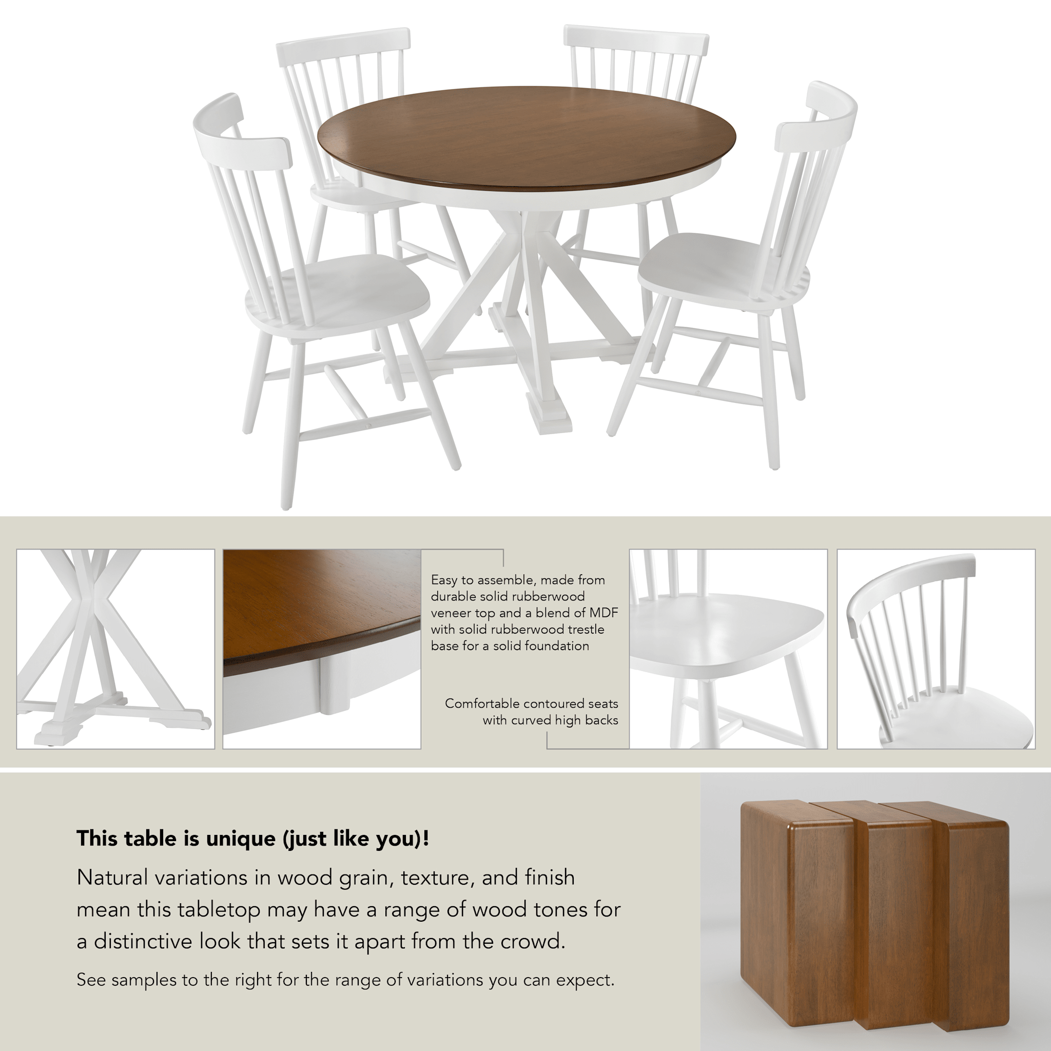 West End 45W Round Trestle Dining Table with 4 High Back Spindle Dining Chairs — panel 11