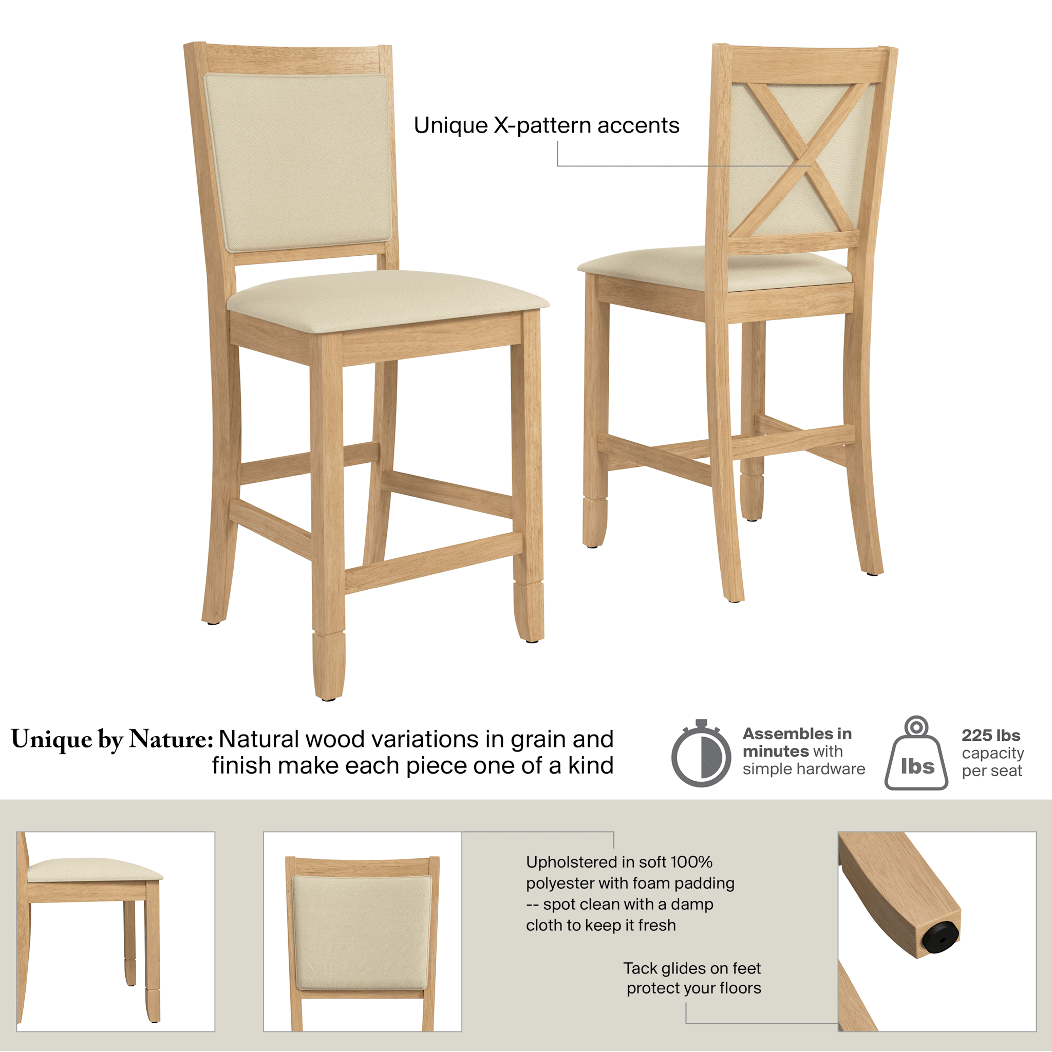 Bush Home Key West Upholstered Cross Back Dining Counter Stool - Set of 2 — panel 10
