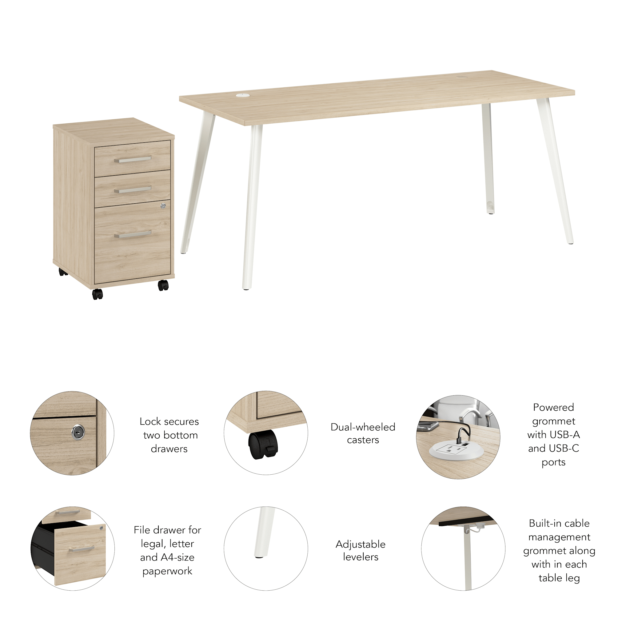 Vista 72W Desk with Splayed Metal Legs and 3 Drawer Mobile File Cabinet — panel 6