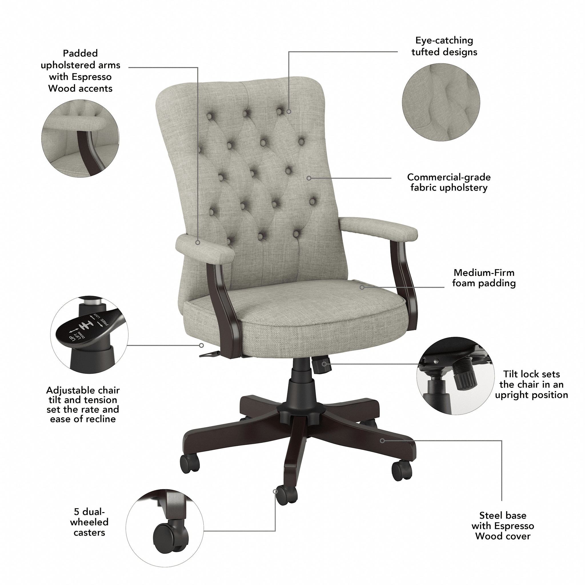 High Back Occasional Tufted Office Chair w Upholstered Arm — panel 1