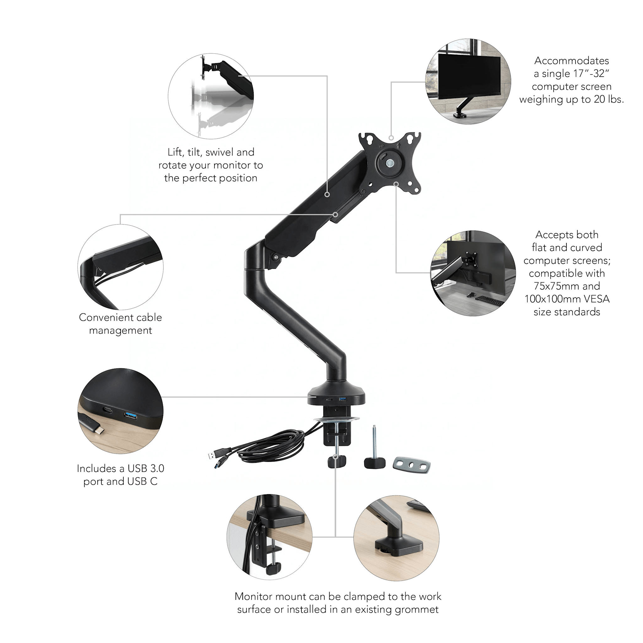 Adjustable Single Monitor Arm with USB — panel 1